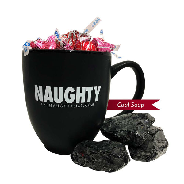 Naughty Black Coffee Mug/White Inner Finish Gift Set with Coal Soap &  Hershey Kisses - The Naughty List