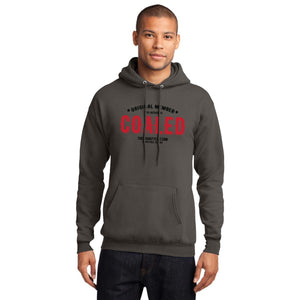 "Original Member" Coaled - Adult Charcoal Hooded Fleece Pullover with Red & Black Print | thenaughtylist.com 