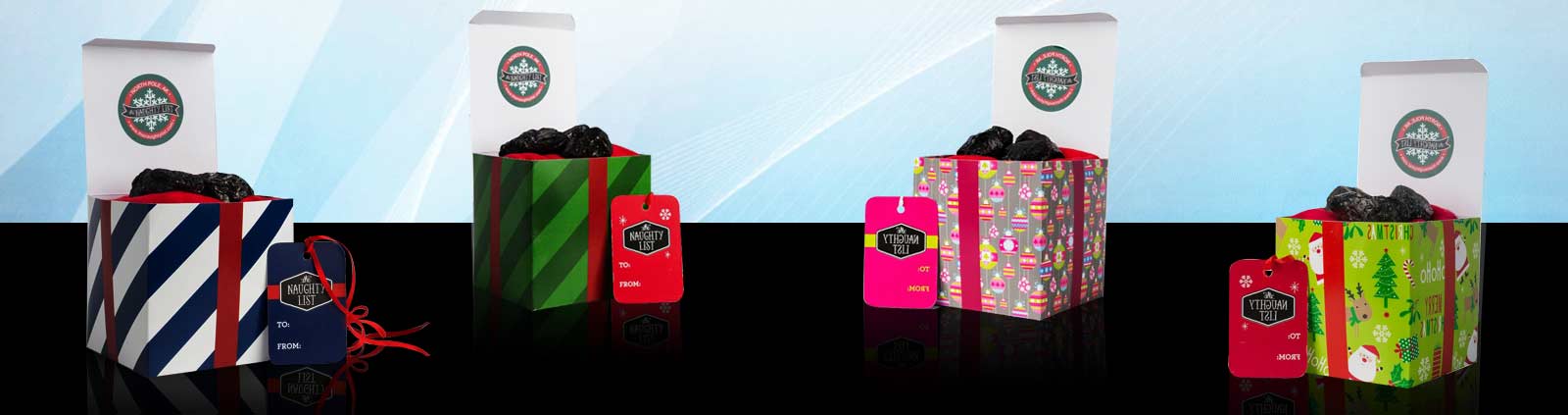 Large Lumps of Coal in Multi-Colored Boxes at The Naughty List