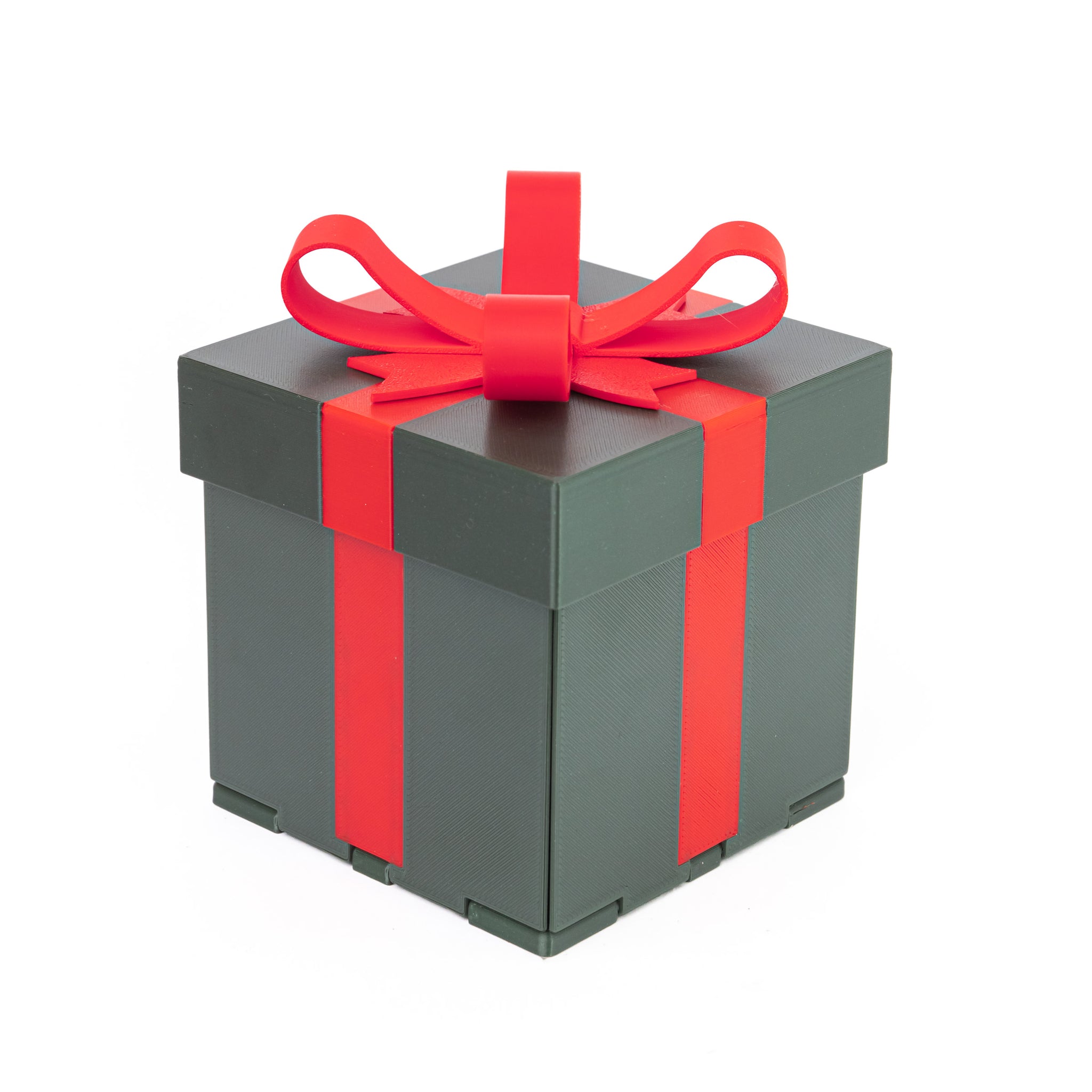 Evergreen closed gift box with a red bow