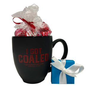 "I Got Coaled" Black Coffee Mug/Red Inner Finish Gift Set with Coal Ring & Hershey Kisses