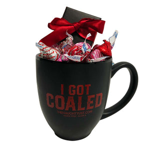 "I Got Coaled" Black Coffee Mug/Red Inner Finish Gift Set with Coal Ring & Hershey Kisses