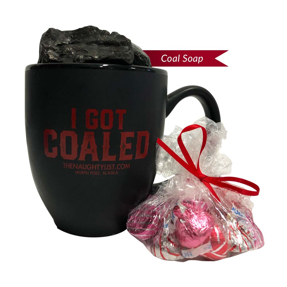 I Got Coaled | Coffee Cup & Coal Soap with Red Insert - Pic1 | Gift Sets | www.thenaughtylist.com