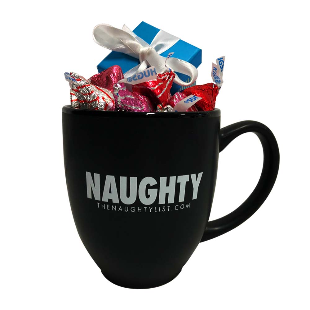 "Naughty" Black Coffee Mug/White Inner Finish Gift Set with Coal Ring & Hershey Kisses