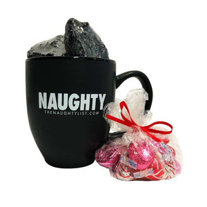 "Naughty" Black Coffee Mug/White Inner Finish Gift Set with Coal & Hershey Kisses