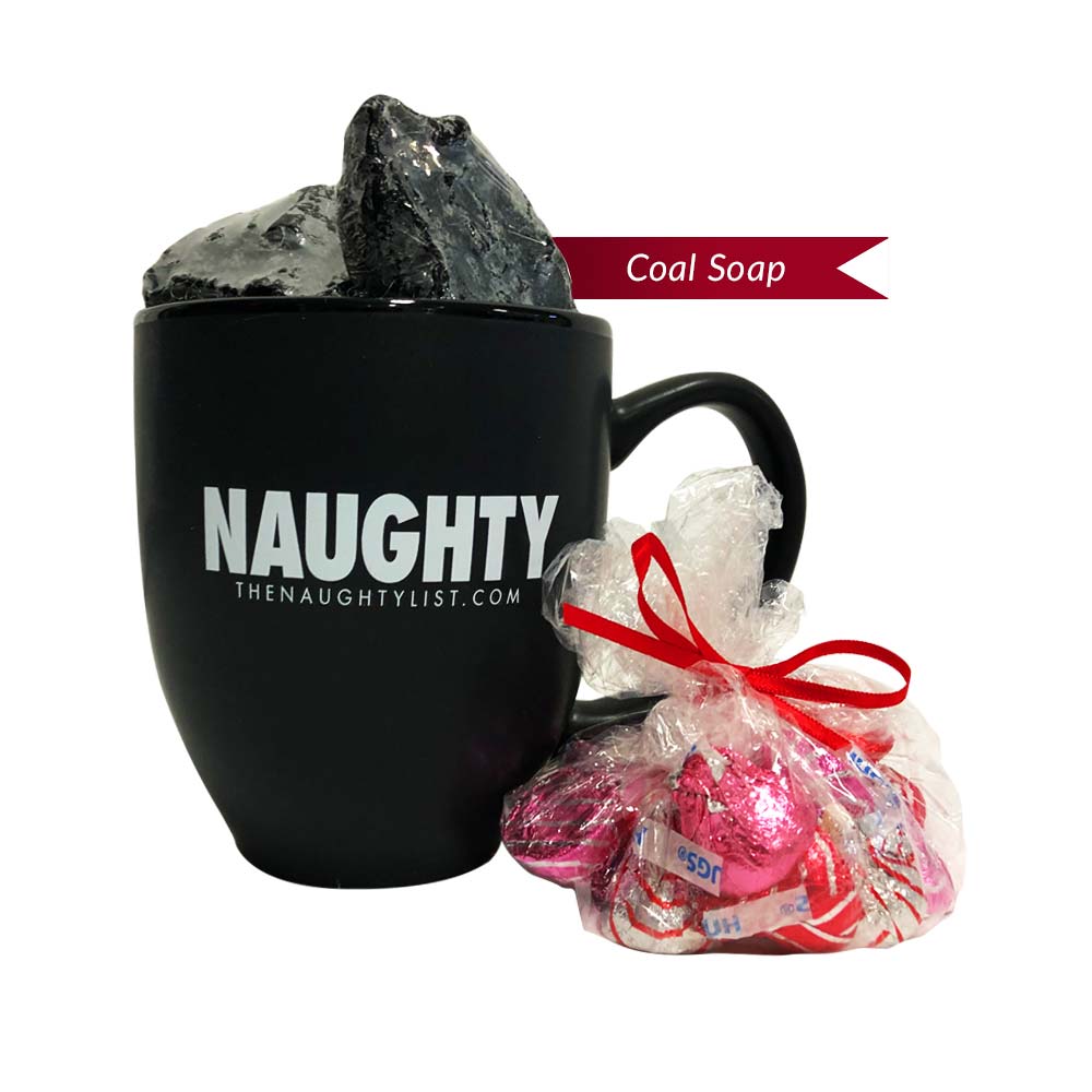 Naughty Black Coffee Mug/White Inner Finish Gift Set with Coal Soap &  Hershey Kisses - The Naughty List
